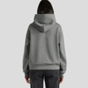 A grey hooded sweatshirt with a relaxed fit, featuring a drawstring hood and long sleeves.