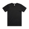 A black t-shirt with a regular fit, featuring a plain design and a tagless collar. It has a logo on the label.