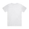 A plain white T-shirt with a crew neck and short sleeves, featuring a small logo on the label.