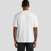 A white short-sleeved t-shirt displayed from the back, featuring a simple design and a logo.