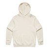 A cream-coloured hoodie with a front pocket and an adjustable hood. It features a branding logo.