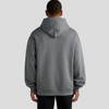 A grey hooded sweatshirt with a relaxed fit, featuring a spacious back and a hood. It has a logo.