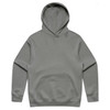 A grey hoodie with a hood and front pocket, featuring a simple design and a branding logo.