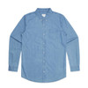 A blue denim shirt with long sleeves, button-up front, and a chest pocket. Features a brand logo.