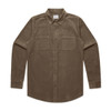 A brown cord shirt with long sleeves and two front pockets, featuring a collar and a logo label.