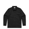 A black work jacket with a collared neck, button closure, and two front pockets. It features a logo on the label.