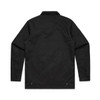A black work jacket with a collared neck and long sleeves, featuring button details at the cuffs.