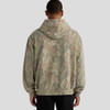 A hooded sweatshirt in muted tones of green, brown, and pink featuring a camouflage pattern and a back view.