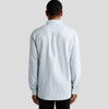 A button-up shirt in light blue with a stripe pattern, featuring a collar and long sleeves. It has a logo on the back.