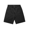 A pair of black denim shorts featuring a button fly, front pockets, and stitched detailing. Includes branding.