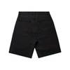 A pair of black denim shorts with a five-pocket design, featuring a plain back view.