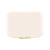 A rectangular cooler in a sleek cream colour with a gold clasp and a logo.