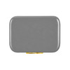 A grey cooler with a gold clasp, featuring a sleek, rectangular design and a glossy finish.