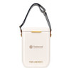 A white cooler with a strap and branding, featuring a simple design and a gold clasp.