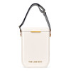 A white cooler with a strap and a logo, featuring a sleek and modern design.