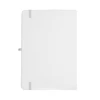 A recycled white A5 journal with a smooth cover and grey elastic closure, featuring a logo on the front.