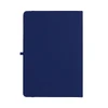 A navy blue A5 journal with a sleek cover and an elastic closure. It has a logo on the front.