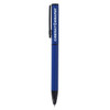 A blue metal ballpoint pen with a clip and branding on the barrel.