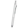 A silver recycled stainless steel pen with a textured grip and a clip, featuring a logo.