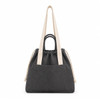 A grey tote bag with long fabric straps, featuring a drawstring closure and a front pocket. It has a simple branding detail.