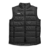 A black unisex puffer vest with a branded logo and a front zip closure.