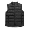 A black unisex puffer vest with a high collar and zip front, featuring branding on the chest.