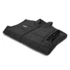 A black unisex puffer vest featuring a collar, folded neatly and showcasing quilting design. It includes a logo.