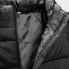 A black unisex puffer vest with a smooth lining featuring a logo. The inner material is visibly quilted.