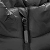 A black puffer vest featuring a high collar and zippered closure, showcasing its quilted design. It has a logo.