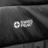 A black puffer vest featuring a logo on the front. The fabric appears quilted and insulated.