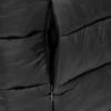 A black puffer vest featuring a zippered pocket, showcasing its quilted texture and sleek design.