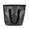 A black bucket bag with sturdy black handles and a waterproof design. It features a logo on the side.