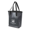 A grey bucket bag with black handles and a logo on the front. The bag has a waterproof design.