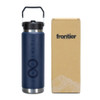 A drink bottle in navy blue with a stainless steel finish, accompanied by a cardboard box featuring a logo.