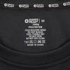 A black unisex t-shirt made from 100% polyester, featuring care instructions and a brand logo inside the collar.