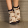 Pixel knitted ankle socks featuring a light beige base with brown bear patterns and white hearts. Suitable for casual wear.