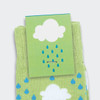 Green knitted business socks with a cloud and raindrop pattern, featuring a tag with a logo.