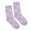 A pair of purple crew socks with pink smiley face patterns, featuring ribbed texture and a small logo.
