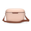 A drink cooler in a soft pink colour with a brown strap, featuring a smooth, rounded design.
