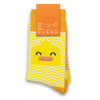 A pair of bright yellow knitted socks featuring a cheerful chick design and zigzag patterns. Comes with packaging.