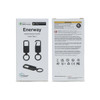 A compact black Bluetooth tracker in a white box featuring a branding logo and a warning label.