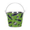 A green ice bucket with a silver handle, featuring a pattern of bottles and caps. It includes a logo.