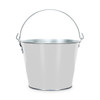 A white metal ice bucket with a silver handle and a shiny finish. It features a circular base and an open top.