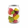 A clear canister filled with vibrant jelly sweets in various shapes and colours, including pink, green, and yellow.
