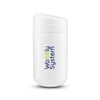 A drink bottle in white with a secure lid and a logo featuring colourful text.
