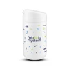 A white drink bottle featuring a playful design with various colourful squiggles and a logo.