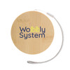 A round bamboo coaster with a silver string, featuring a logo in blue and yellow.