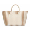 A striped tote bag in beige and cream featuring two handles and a front pocket. Branding is present on the bag.