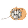 A round wooden case contains various charger cables, including USB, Lightning, and Micro USB connections.