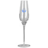 A clear glass champagne flute featuring a printed logo. Tall and slender design with a curved bowl.